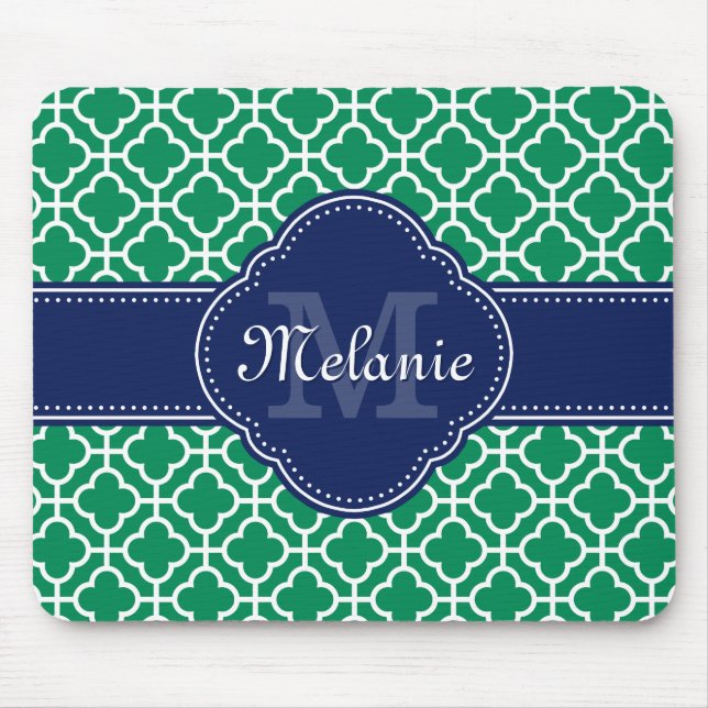 Emerald Green Wht Moroccan Pattern Navy Monogram Mouse Pad (Front)