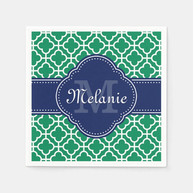 Emerald Green Wht Moroccan Pattern Navy Monogram Napkin (Front)