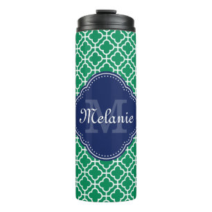 Emerald Green Wht Moroccan Pattern Navy Monogram Thermal Tumbler