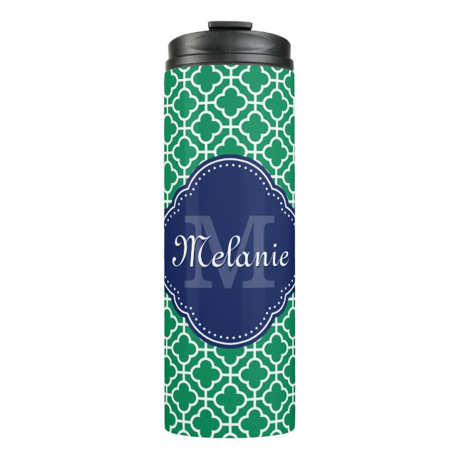 Emerald Green Wht Moroccan Pattern Navy Monogram Thermal Tumbler (Front)