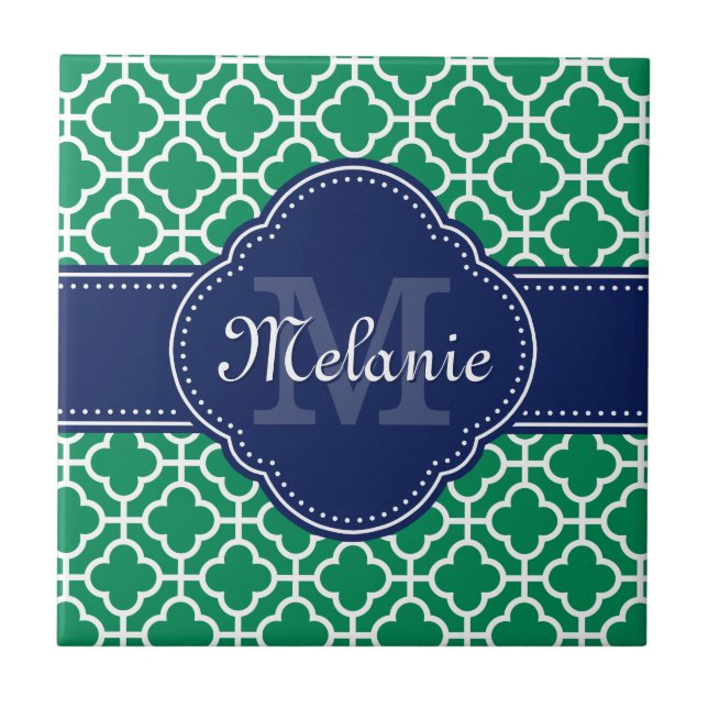 Emerald Green Wht Moroccan Pattern Navy Monogram Tile (Front)