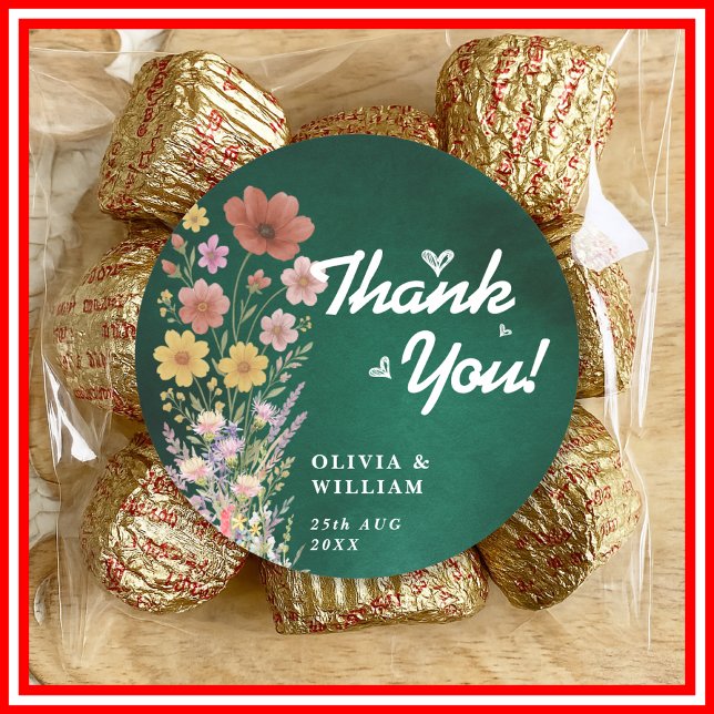 Emerald Green Wildflower Wedding Thank You Classic Round Sticker (Creator Uploaded)