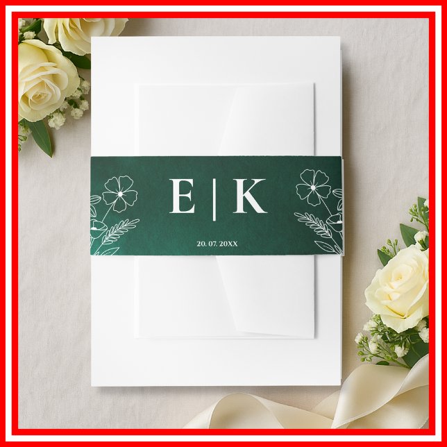 Emerald Green Wildflowers Monogram Floral Invitation Belly Band (Creator Uploaded)