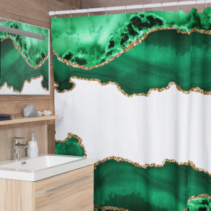 Emerald Green with Metallic Gold Agate Shower Curtain