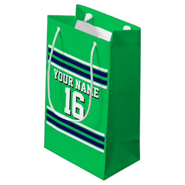 Emerald Green with Navy White Stripes Team Jersey Small Gift Bag (Back Angled)