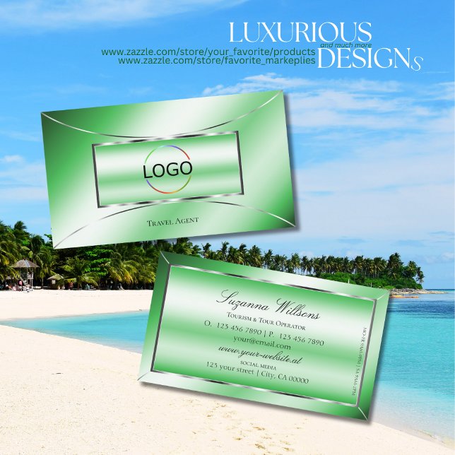 Emerald Green with Silver Decor and Logo Modern Business Card (Creator Uploaded)