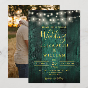 Emerald Green Wood String Lights Photo Wedding Invitation