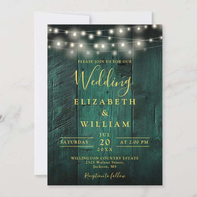 Emerald Green Wood String Lights QR Code Wedding Invitation (Front)