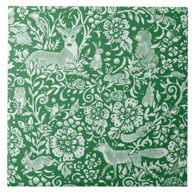 Emerald Green Woodland Animal Deer Rabbit Floral Ceramic Tile (Front)
