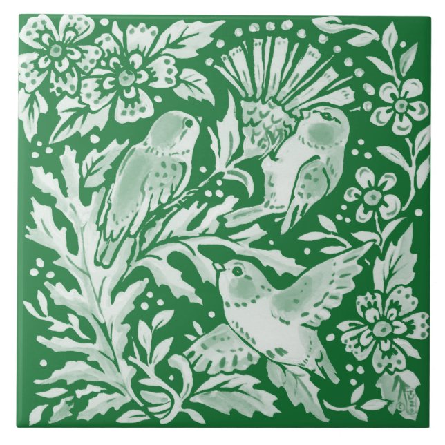 Emerald Green Woodland Bird Intricate Floral Art Ceramic Tile (Front)