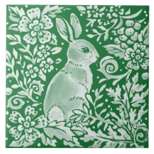 Emerald Green Woodland Bunny Rabbit Intricate Ceramic Tile