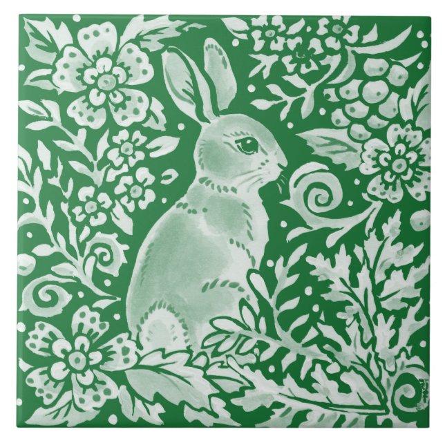 Emerald Green Woodland Bunny Rabbit Intricate Ceramic Tile (Front)