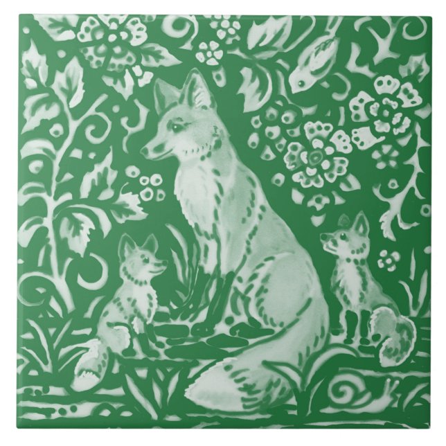 Emerald Green Woodland Cute Fox Intricate Floral   Ceramic Tile (Front)
