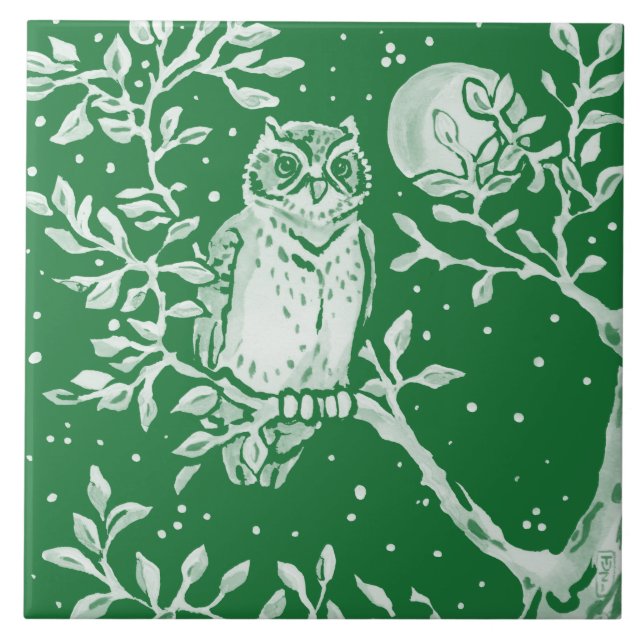 Emerald Green Woodland Owl Tree Moon Night Scene Ceramic Tile (Front)