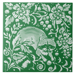 Emerald Green Woodland Racoon Intricate Floral Ceramic Tile