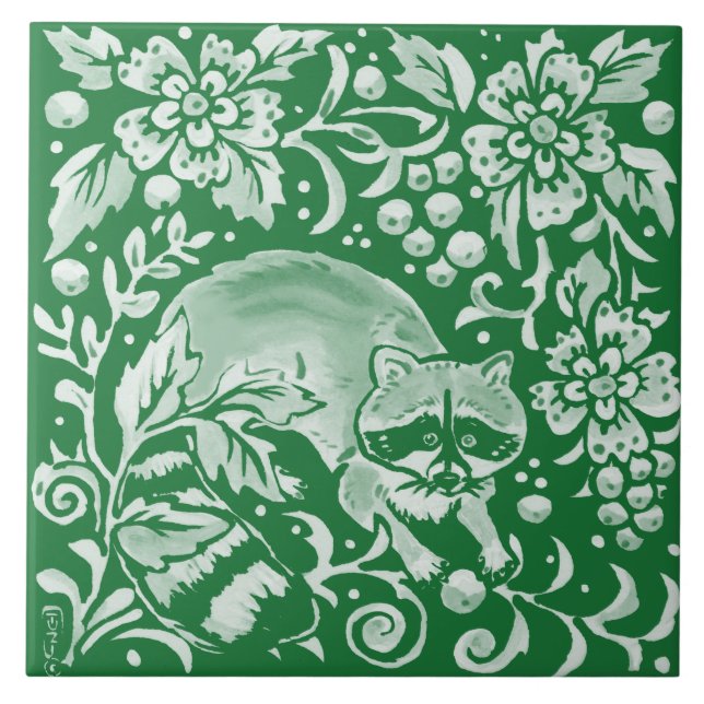Emerald Green Woodland Racoon Intricate Floral  Ceramic Tile (Front)