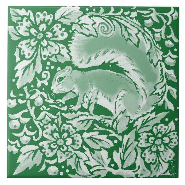 Emerald Green Woodland Squirrel Intricate Floral  Ceramic Tile (Front)
