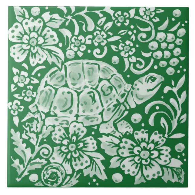 Emerald Green Woodland Turtle Intricate Floral Ceramic Tile (Front)