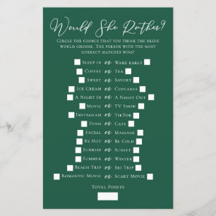 Emerald Green Would She Rather Bridal Shower Game