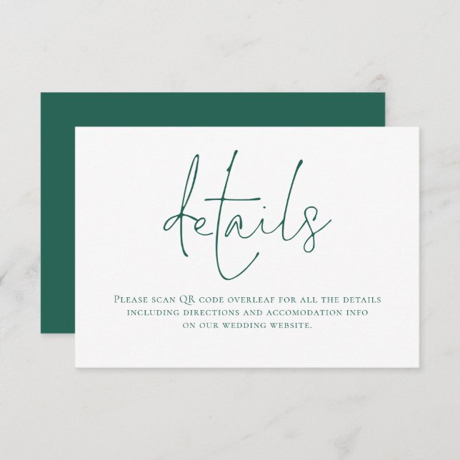 Emerald Green Writing QR Code Wedding Details  Enclosure Card (Front/Back)