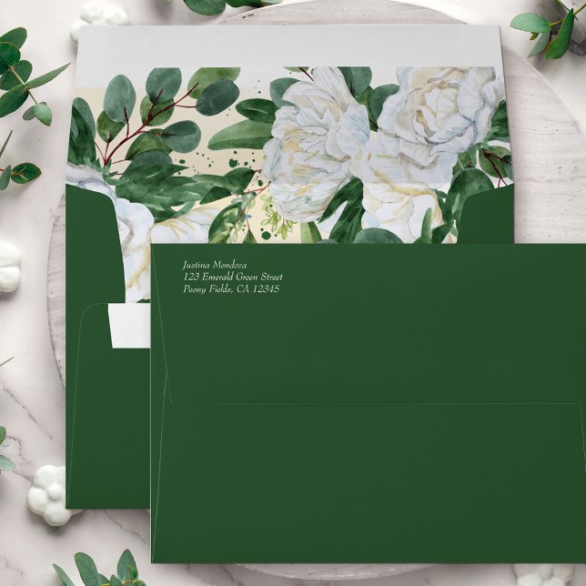 Emerald Greenery and White Peony Return Address Envelope (Envelope with lush greenery and white peonies from my Emerald Greenery and White Peony Collection)