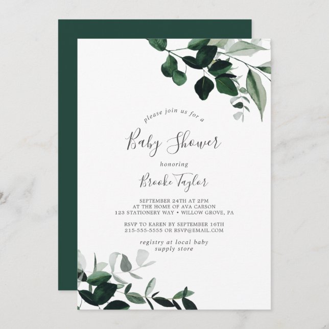 Emerald Greenery Baby Shower Invitation (Front/Back)