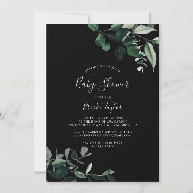 Emerald Greenery | Black Baby Shower Invitation (Front)