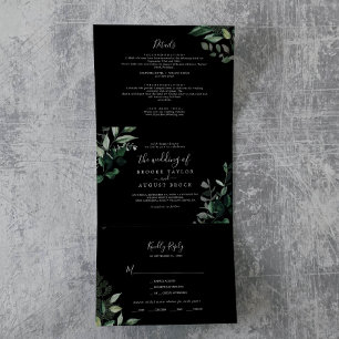 Emerald Greenery   Black Photo Wedding All In One Tri-Fold Invitation