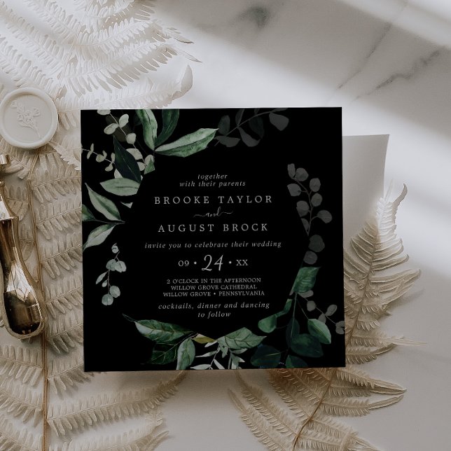Emerald Greenery | Black Square Wedding Invitation (Creator Uploaded)