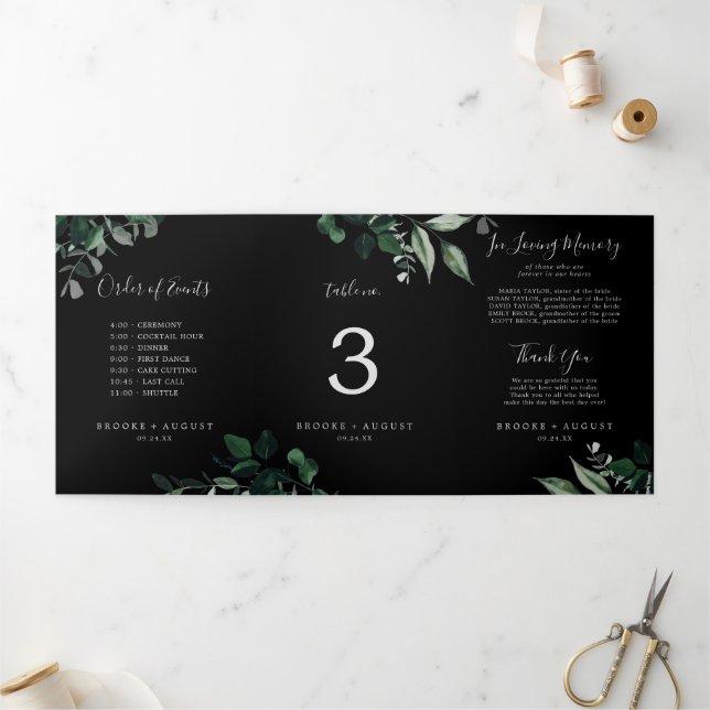 Emerald Greenery Black Tri-fold Table Number Sign (Outside)