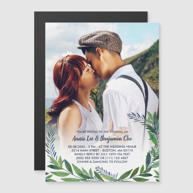 Emerald Greenery Custom Photo Wedding Magnetic Invitation (Front/Back)