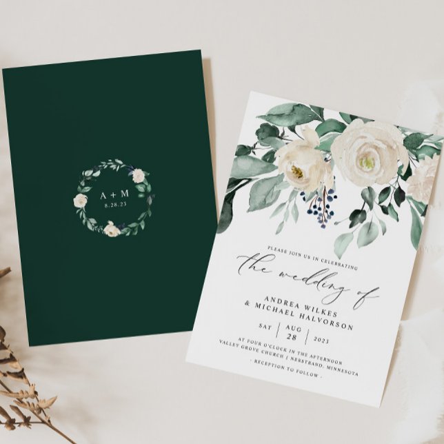 Emerald Greenery Elegant Wedding Invitation (Emerald Greenery Wedding Invitation - Boho Woodsy Rustic Elegant Wedding)