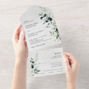 Emerald Greenery Eucalyptus Botanical Wedding All In One Invitation