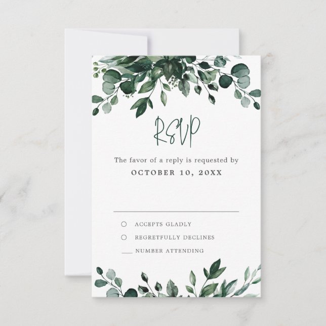 Emerald Greenery Eucalyptus Botanical Wedding RSVP Card (Front)