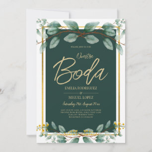 Emerald Greenery Eucalyptus Gold Floral White Invitation