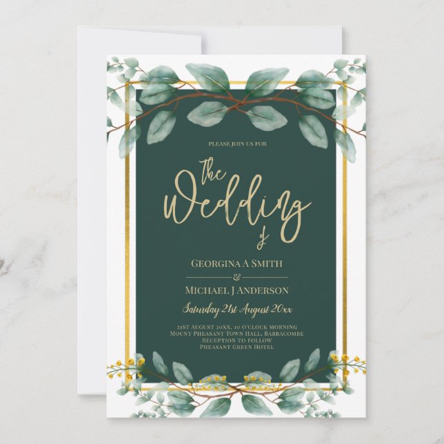 Emerald Greenery Eucalyptus Gold Floral White Invitation (Front)