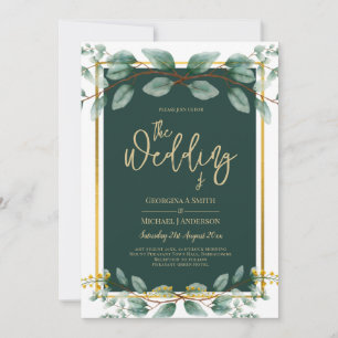 Emerald Greenery Eucalyptus Gold Floral White Invitation