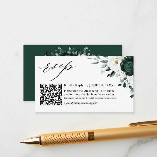Emerald Greenery Eucalyptus White Floral QR code   Enclosure Card (Front/Back In Situ)