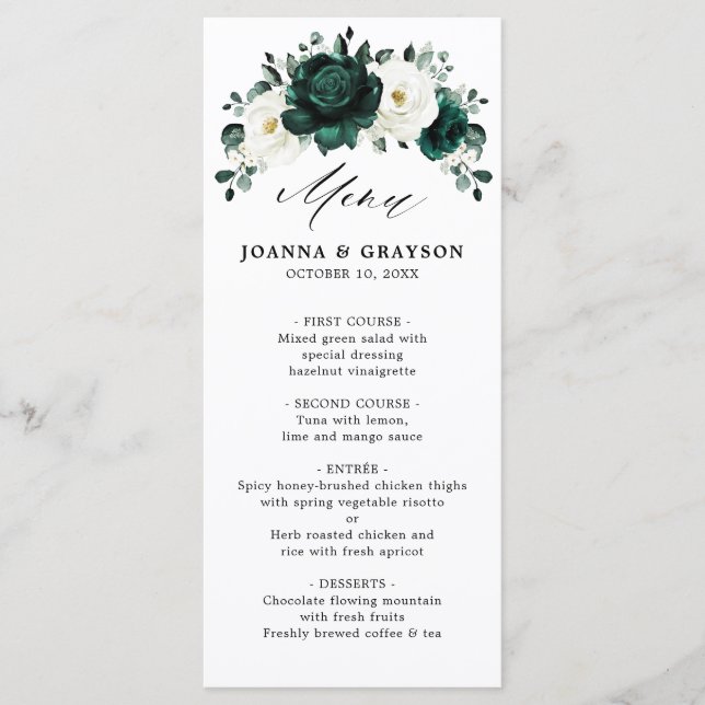 Emerald Greenery Eucalyptus White Floral Wedding Menu (Front)