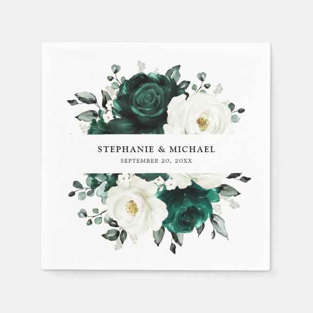 Emerald Greenery Eucalyptus White Floral Wedding Napkin (Front)