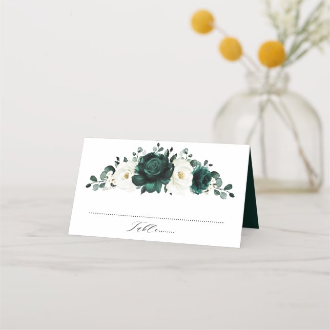 Emerald Greenery Eucalyptus White Floral Wedding Place Card (Front)
