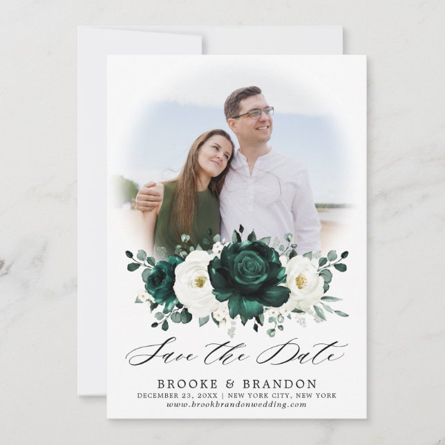 Emerald Greenery Eucalyptus White Floral Wedding Save The Date (Front)