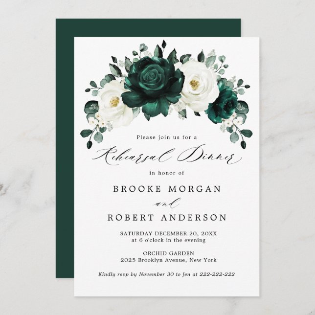 Emerald Greenery Eucalyptus White Rehearsal Dinner Invitation (Front/Back)