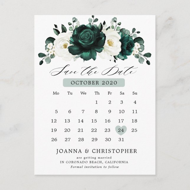 Emerald Greenery Eucalyptus White Save the Date Postcard (Front)