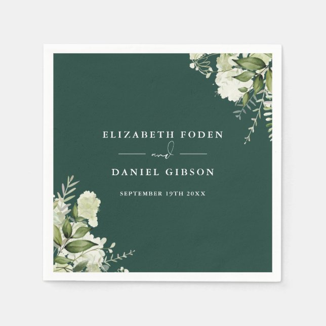Emerald Greenery Floral Elegant Names Date Napkin (Front)