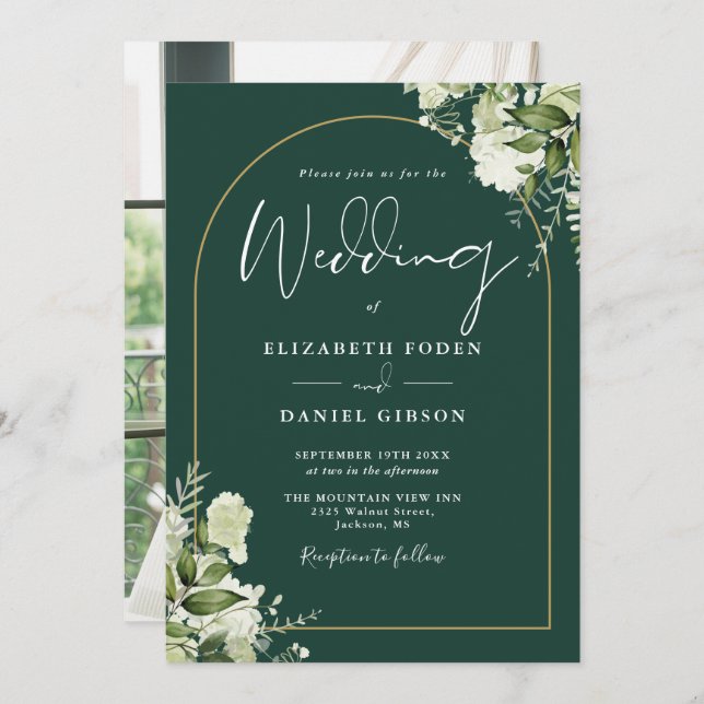 Emerald Greenery Floral Gold Arch Photo Wedding Invitation (Front/Back)