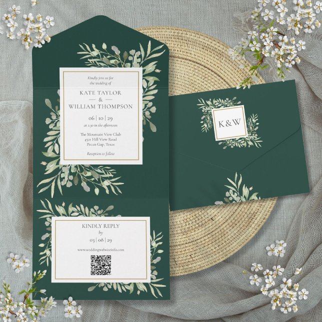 Emerald Greenery Floral QR Code Wedding All In One Invitation (Emerald Greenery Floral QR Code Wedding All In One Invitation)