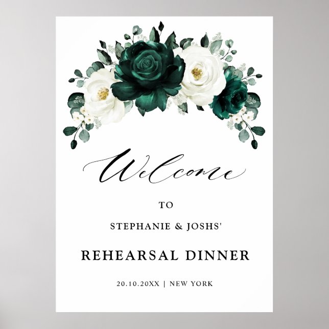 Emerald Greenery Floral Rehearsal Dinner Welcome   Poster (Front)
