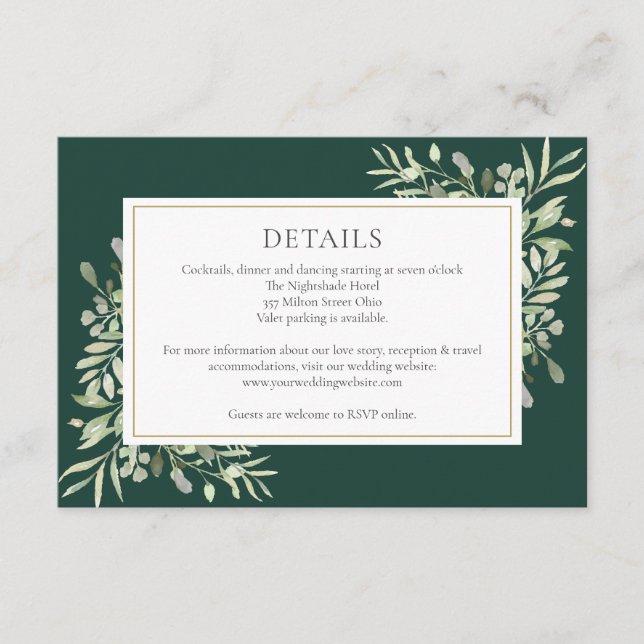 Emerald Greenery Floral Wedding Details Enclosure Card (Front)