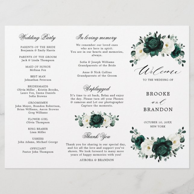 Emerald Greenery Floral Wedding Tri-Fold Program  (Front)